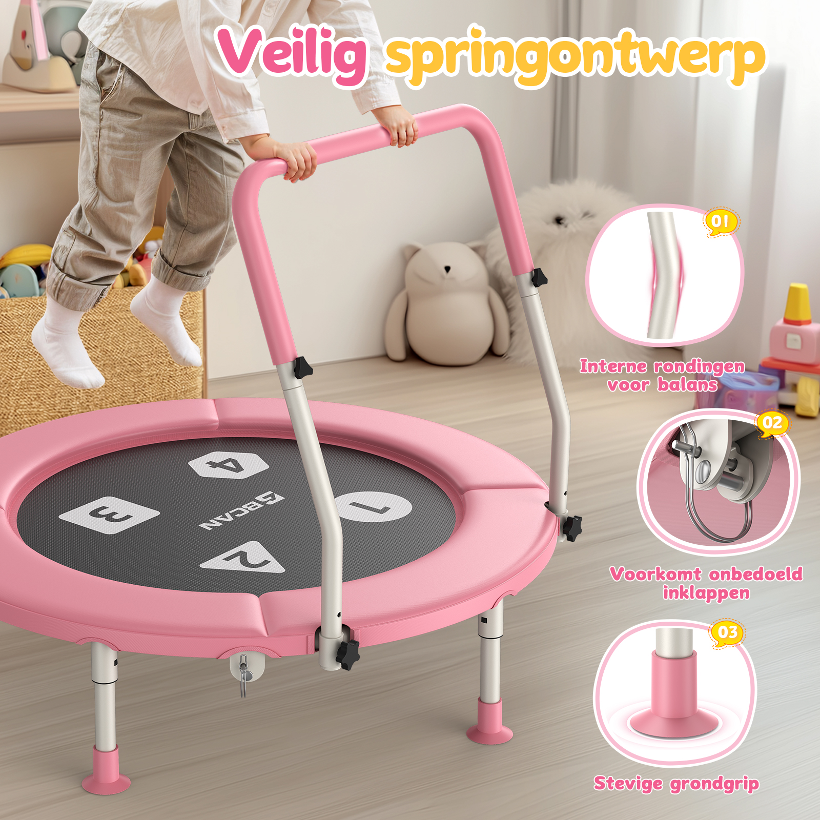 Ein Kind springt auf einem rosafarbenen Trampolin mit Griffen.