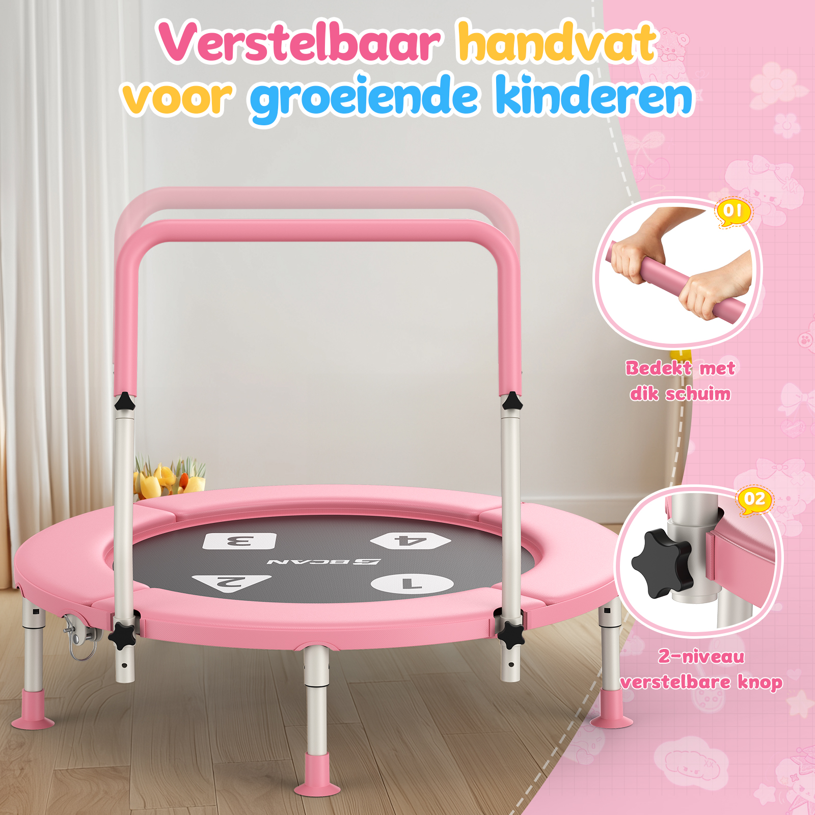 Ein pink-graues Kindertrampolin mit verstellbarem pinkfarbenem Griff ist drinnen auf einem Holzfußboden abgebildet.