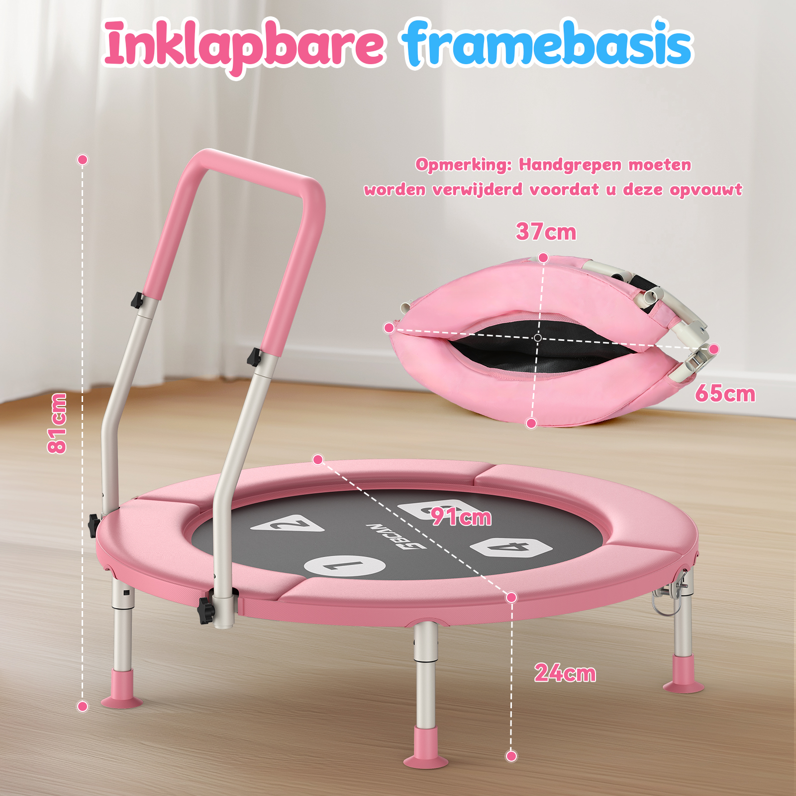 Ein rosa faltbarer Trampolin mit Griff und Maßangaben für Höhe, Durchmesser und gefaltete Größe.