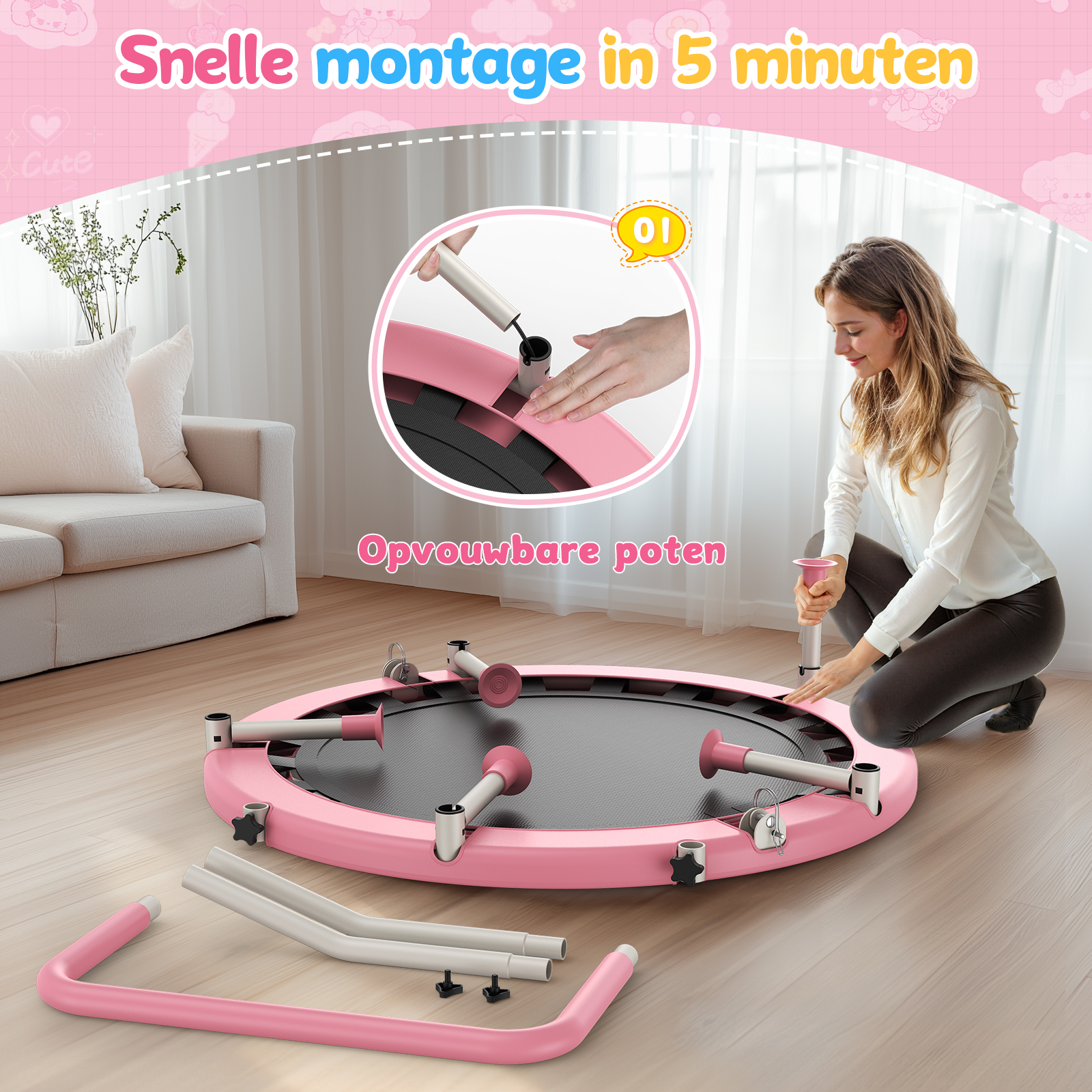 Frau montiert ein rosa Trampolin mit Beinen und Werkzeug.