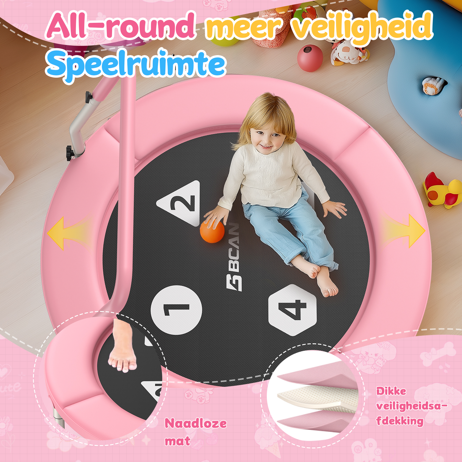 Ein kleines Mädchen sitzt auf einem rosa Trampolin mit Zahlen und einem Ball.