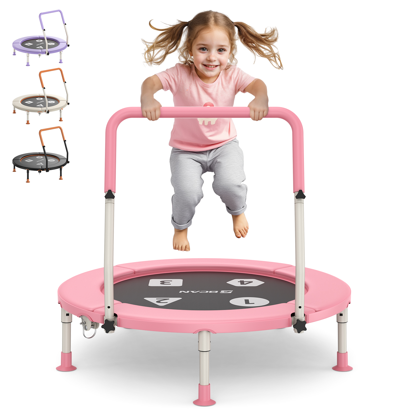 Ein kleines Mädchen springt auf einem rosafarbenen Trampolin mit Griff.