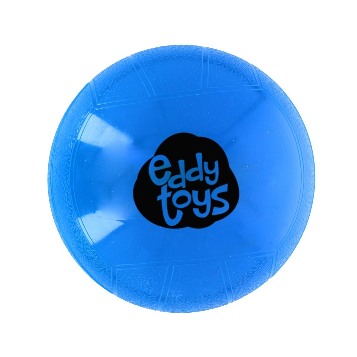 Un ballon bleu vif avec le logo noir 'eddy toys' au centre.