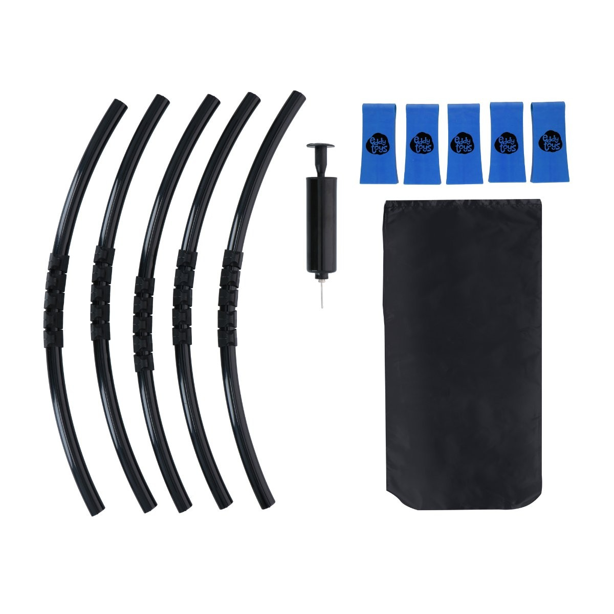 Un ensemble de cinq tubes noirs courbés, une pompe à main noire, cinq bracelets bleus et un sac de rangement noir sur blanc.