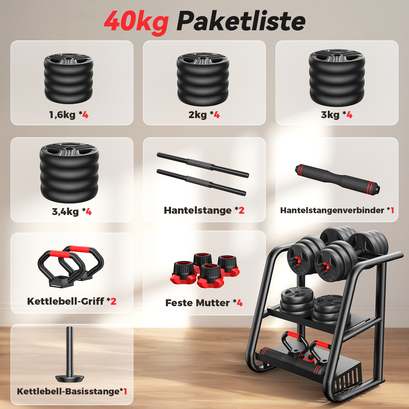 Eine Übersicht von Hantelscheiben, Stangen, Griffen und Zubehör auf einem Rack.