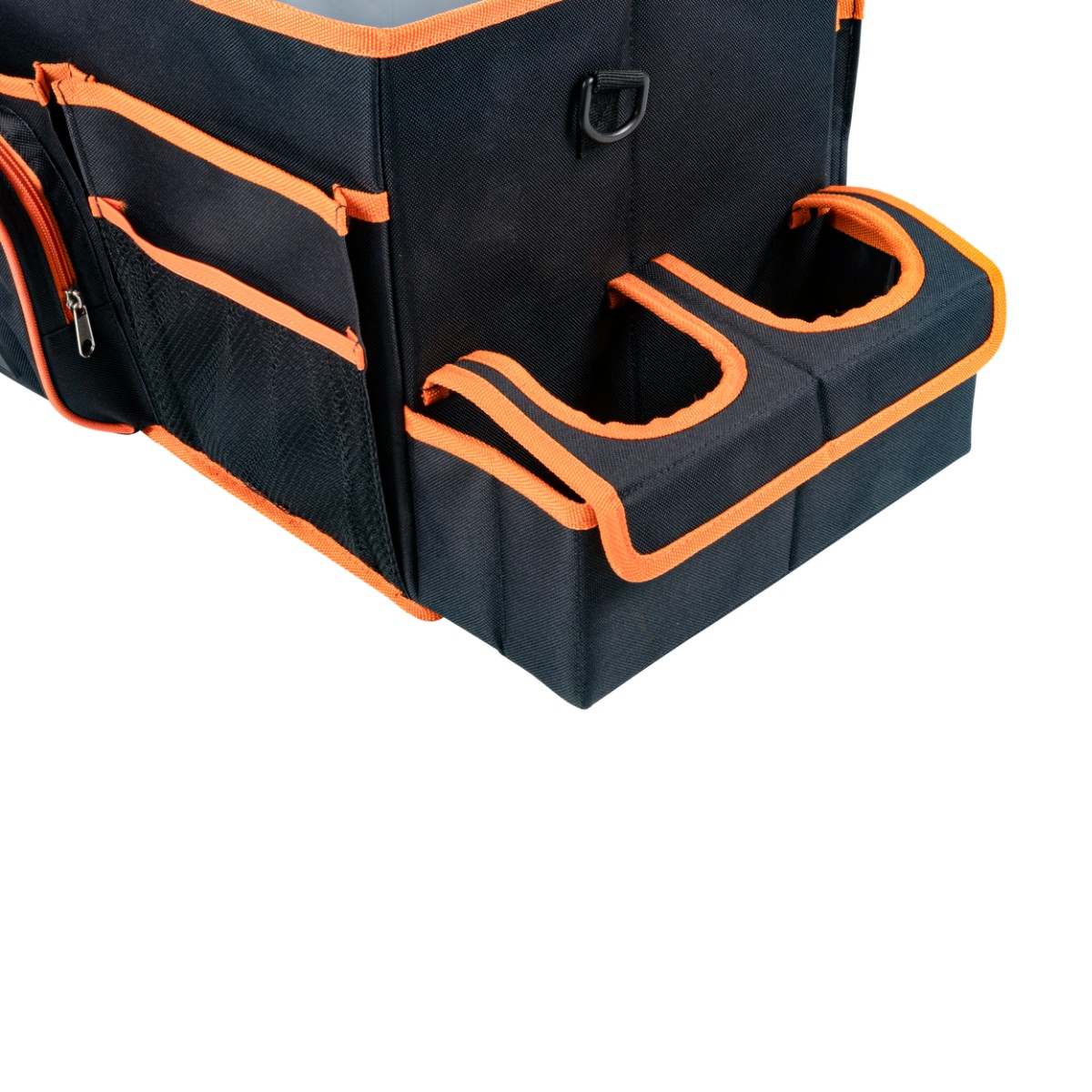 Black storage bag with orange trim, exterior pockets, and two open compartments.
