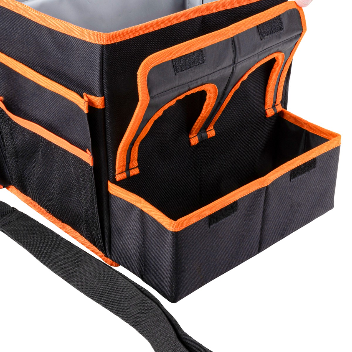 Black and orange foldable organizer with multiple compartments and a strap.