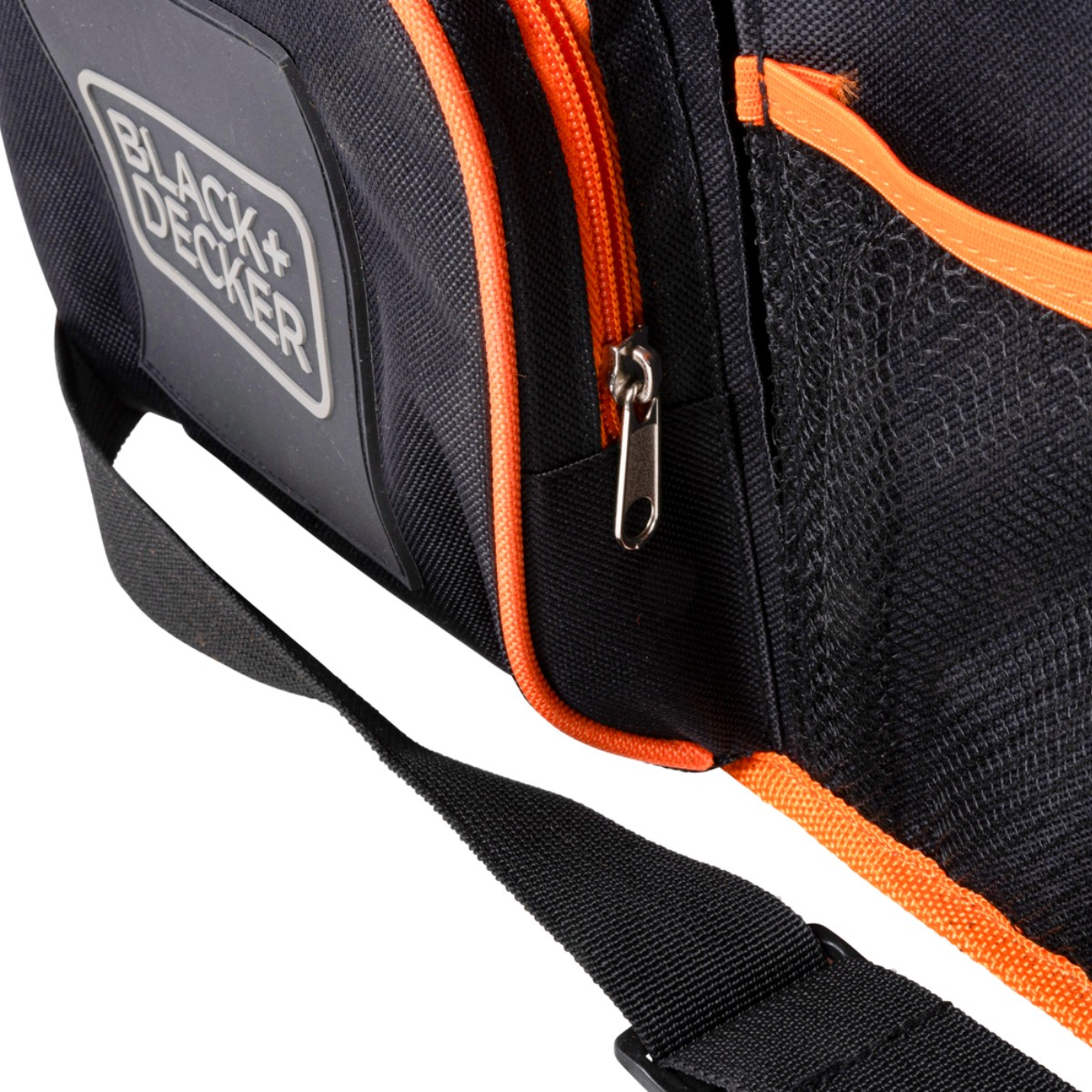 Black and orange tool bag with a Black+Decker logo and strap.