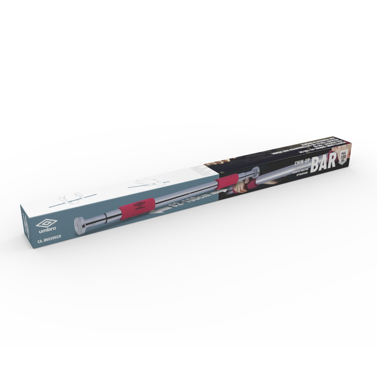 Barra de dominadas Umbro en caja, ajustable 62-100cm, máx 100kg.