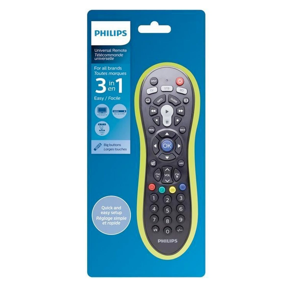 Philips Universalfernbedienung mit großen Tasten, einfacher Einrichtung.