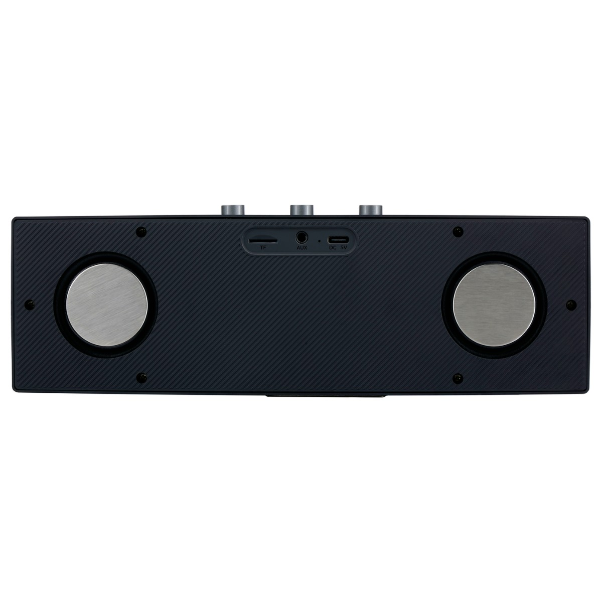 Black speaker with two round silver speakers and controls on top.