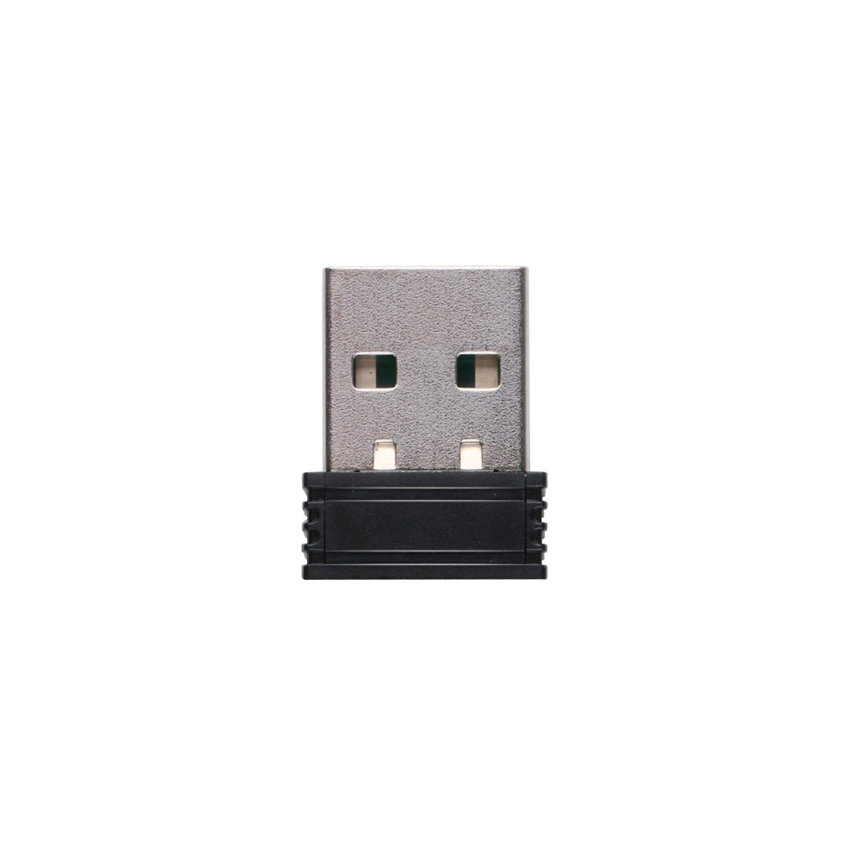 Un adattatore USB nero con connettori argentati e due piccole aperture quadrate.