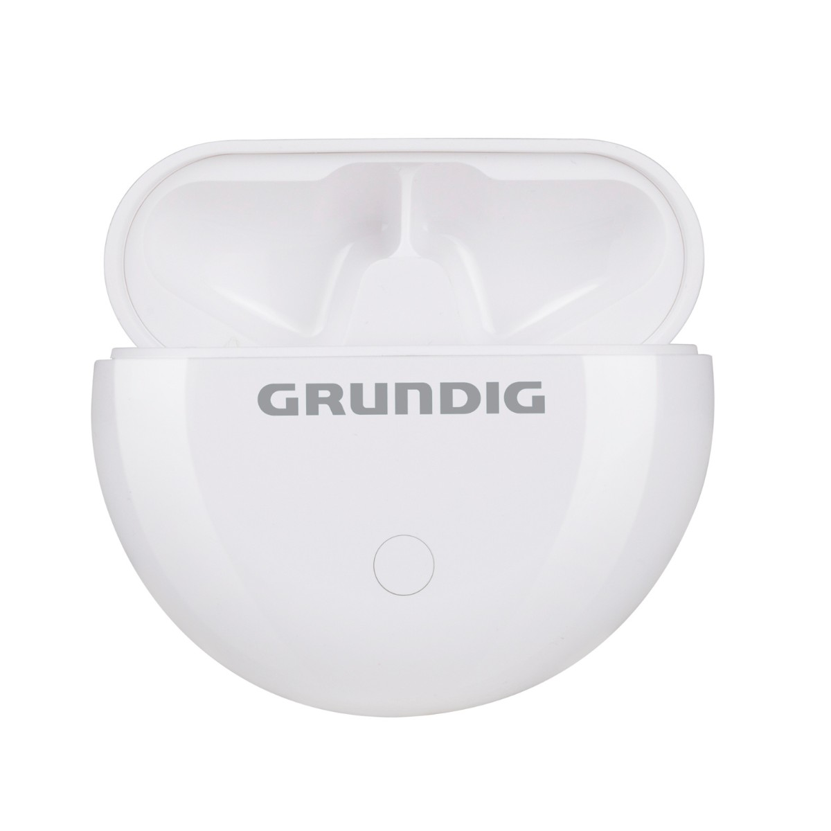 Ein weißes, offenes Ladeetui für Kopfhörer mit dem GRUNDIG-Logo.