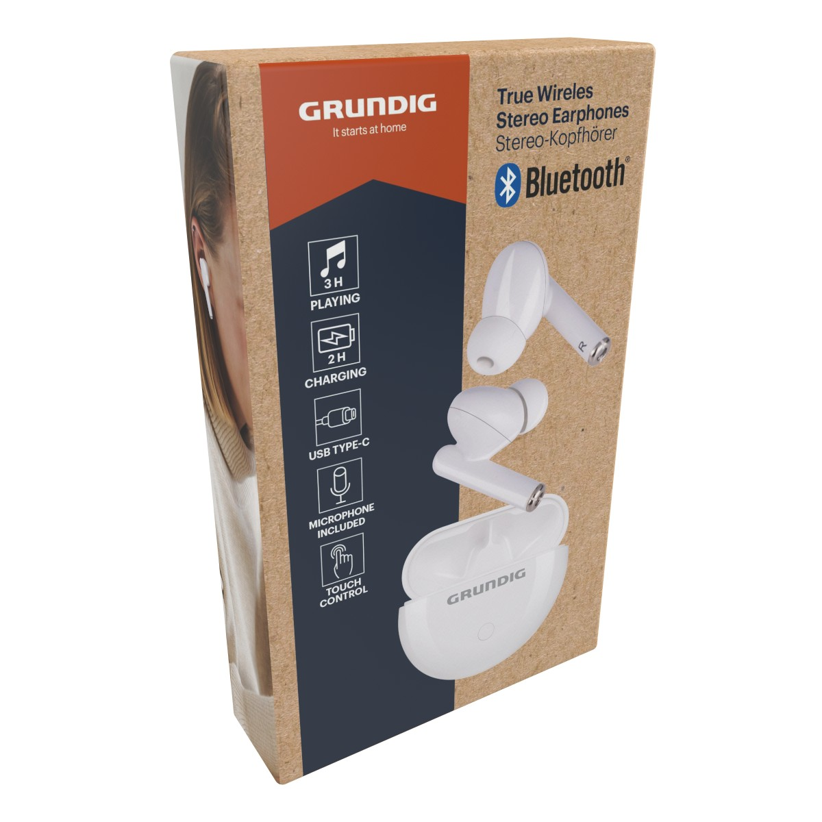 Weiße Grundig Bluetooth-Kopfhörer mit Ladecase auf Kartonverpackung.