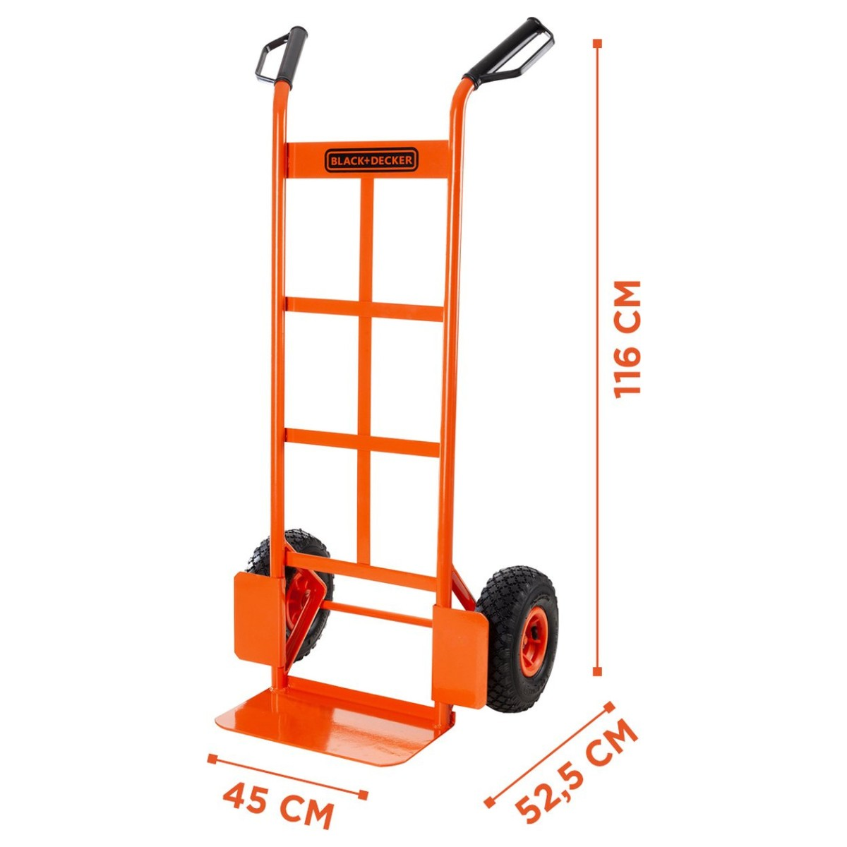 Carrello a mano arancione con due ruote, manici neri, dimensioni 116x52.5x45 cm.