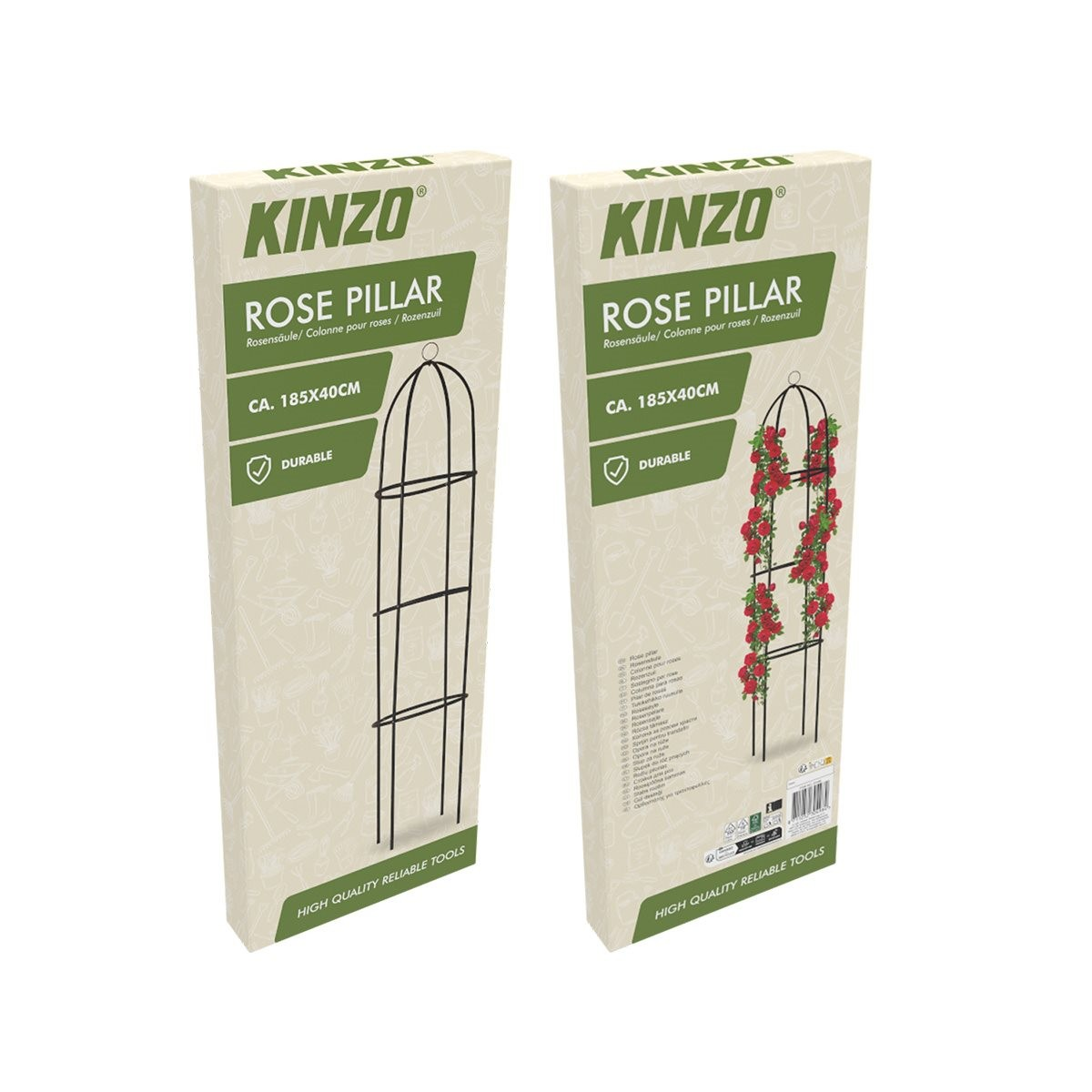 Twee Kinzo rozenpilaren, één met rozen, één leeg.