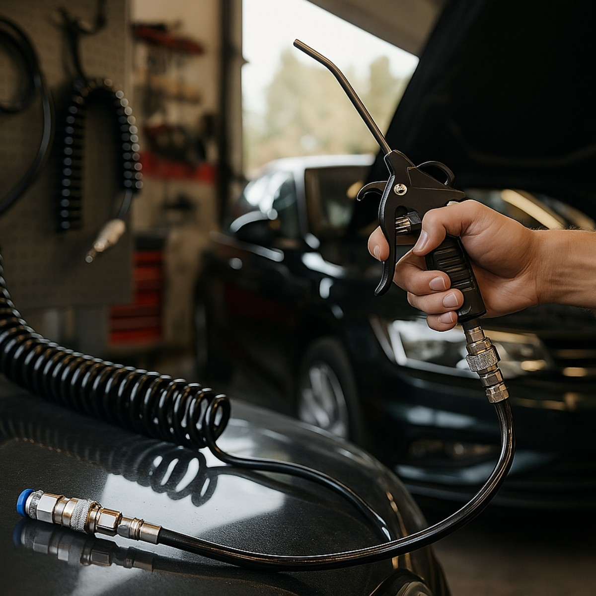 Hand houdt luchtduster vast met opgerolde slang aangesloten op auto in garage.