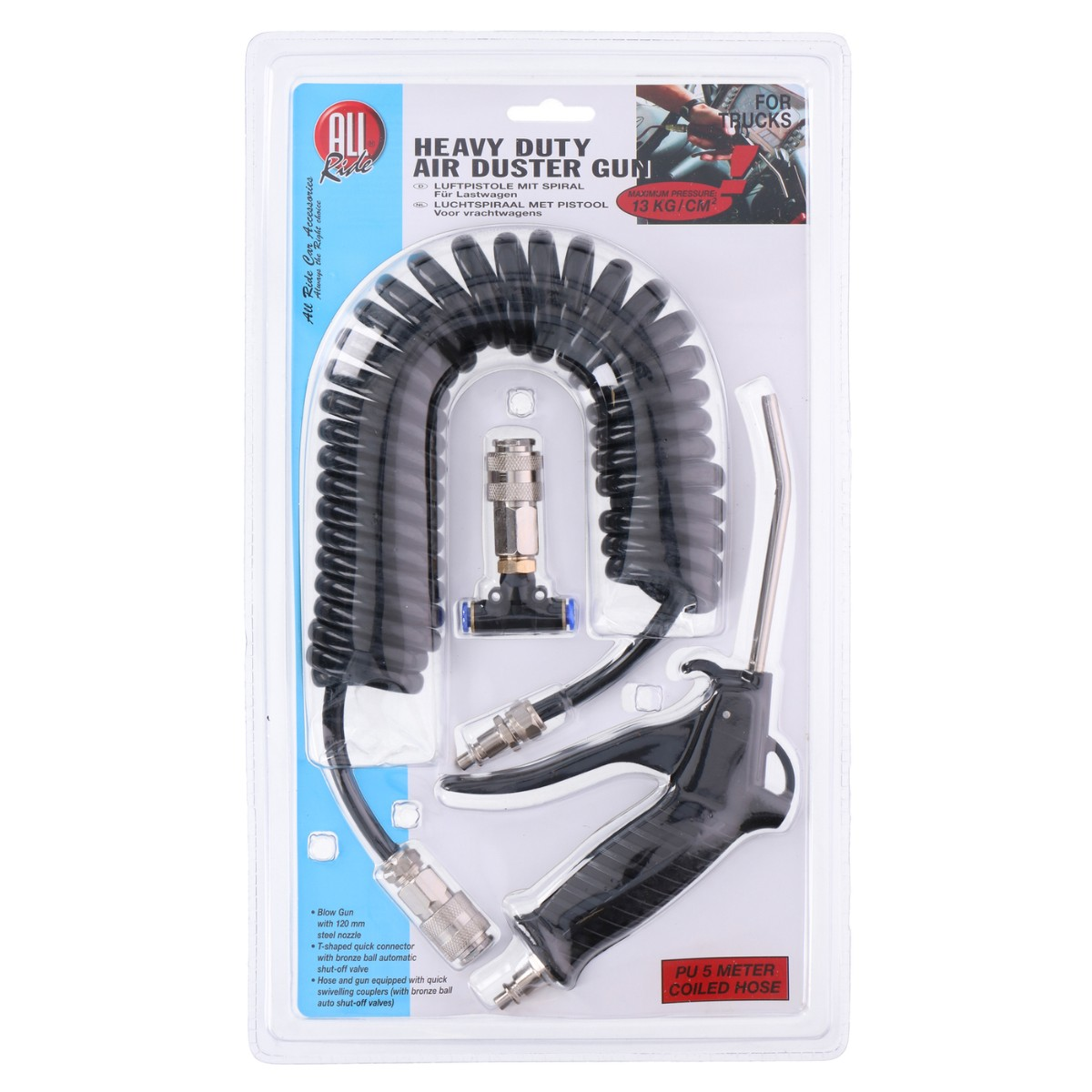 Heavy duty luchtpistool met zwarte spiraalslang, pistool en mondstuk.