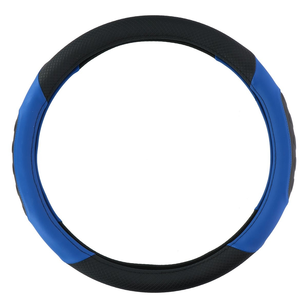 A black and blue steering wheel cover with a textured grip.