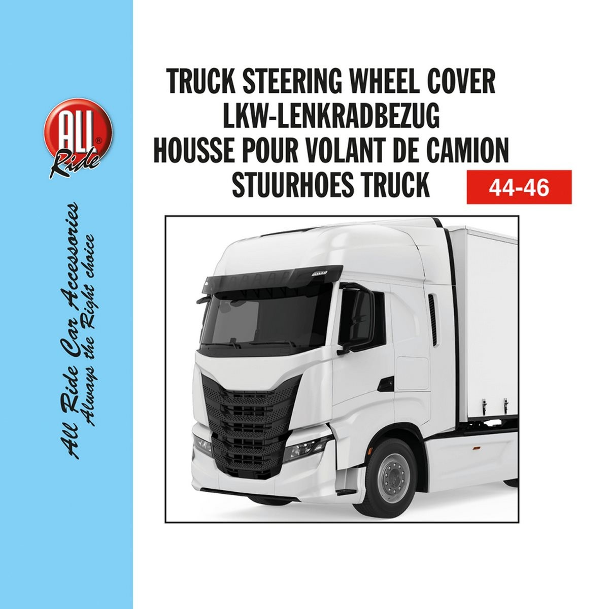 Een witte vrachtwagen met een zwarte grille en banden. Tekst luidt 'Truck Steering Wheel Cover'.