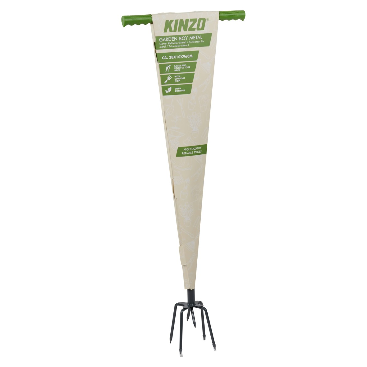 Cultivateur KINZO Garden Boy Metal avec poignées vertes et trois dents.