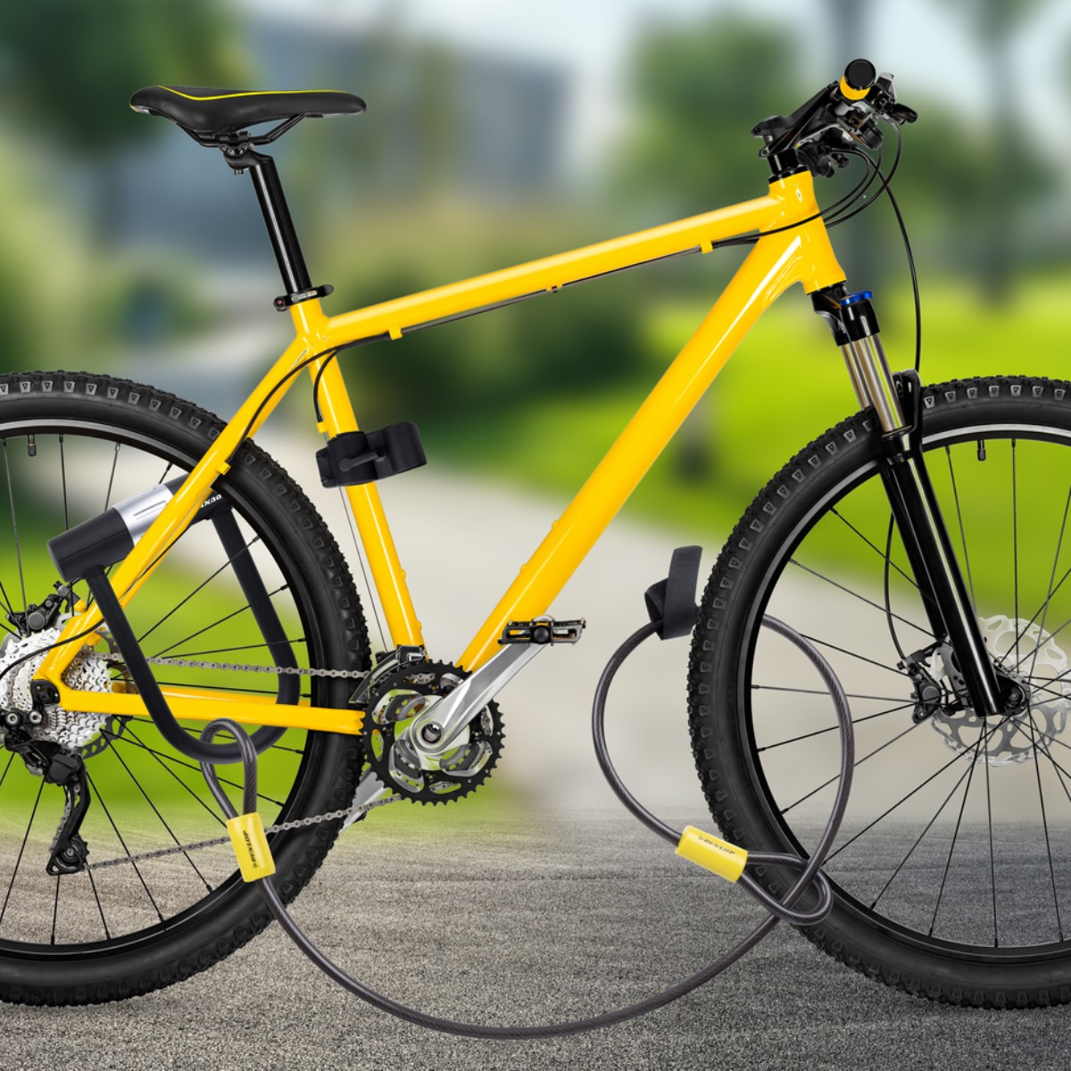 Ein gelbes Fahrrad mit zwei Schlössern, das auf einem Weg abgestellt ist.