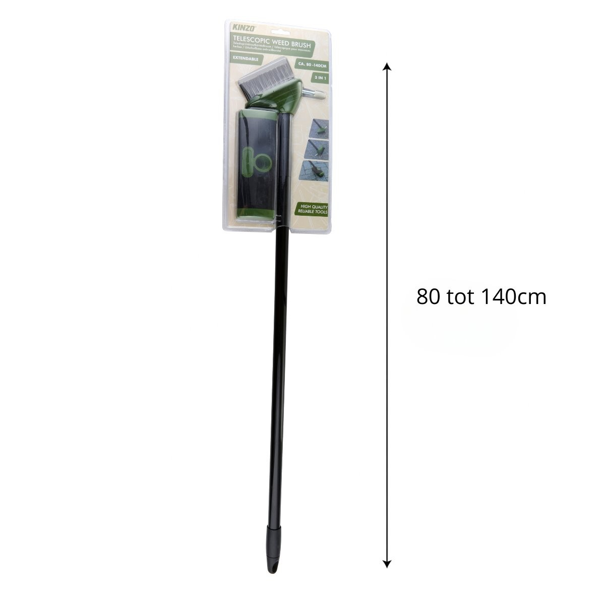 A telescopic weed brush set in packaging, 80-140cm long.