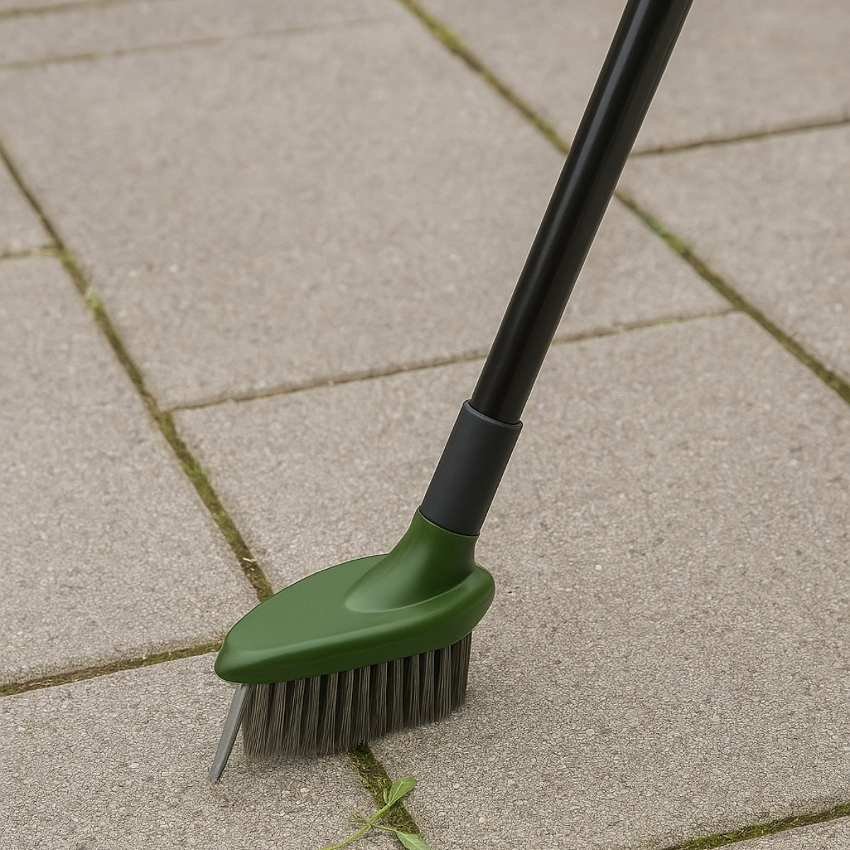 Green joint cleaner with metal tip and bristles on stone tiles.