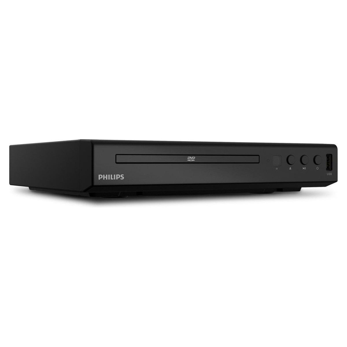 Un lecteur DVD Philips noir avec un tiroir à disque, des boutons et un port USB.