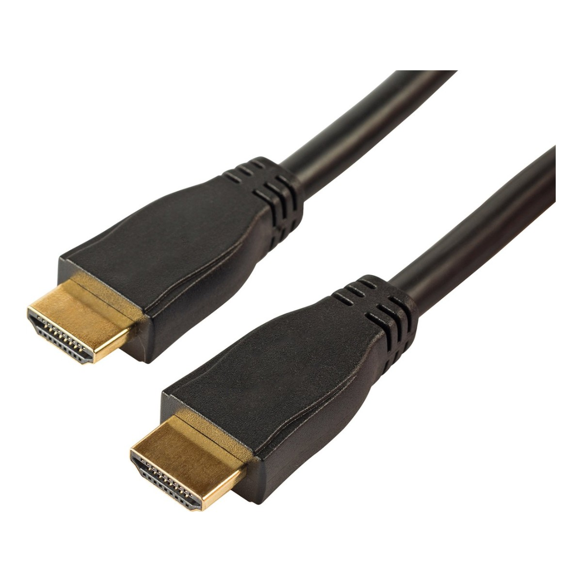 Un câble HDMI noir avec connecteurs dorés sur fond blanc.