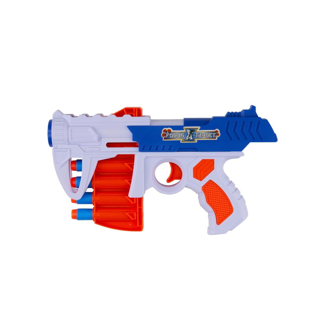 Pistolet jouet blanc et bleu avec chargeur orange et embouts bleus.