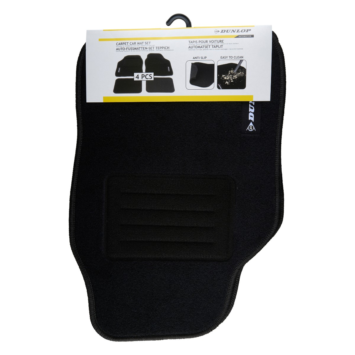 Zwarte Dunlop 4-delige automatten set, anti-slip en makkelijk schoon te maken.