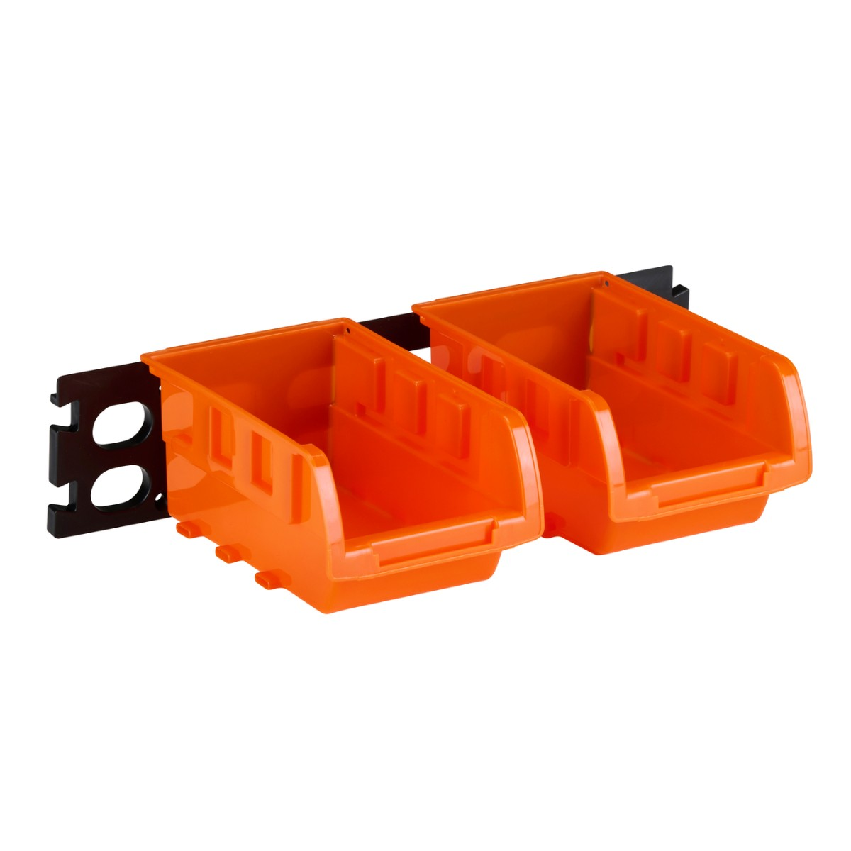 Zwei orangefarbene Aufbewahrungsbehälter an einer schwarzen Schiene.