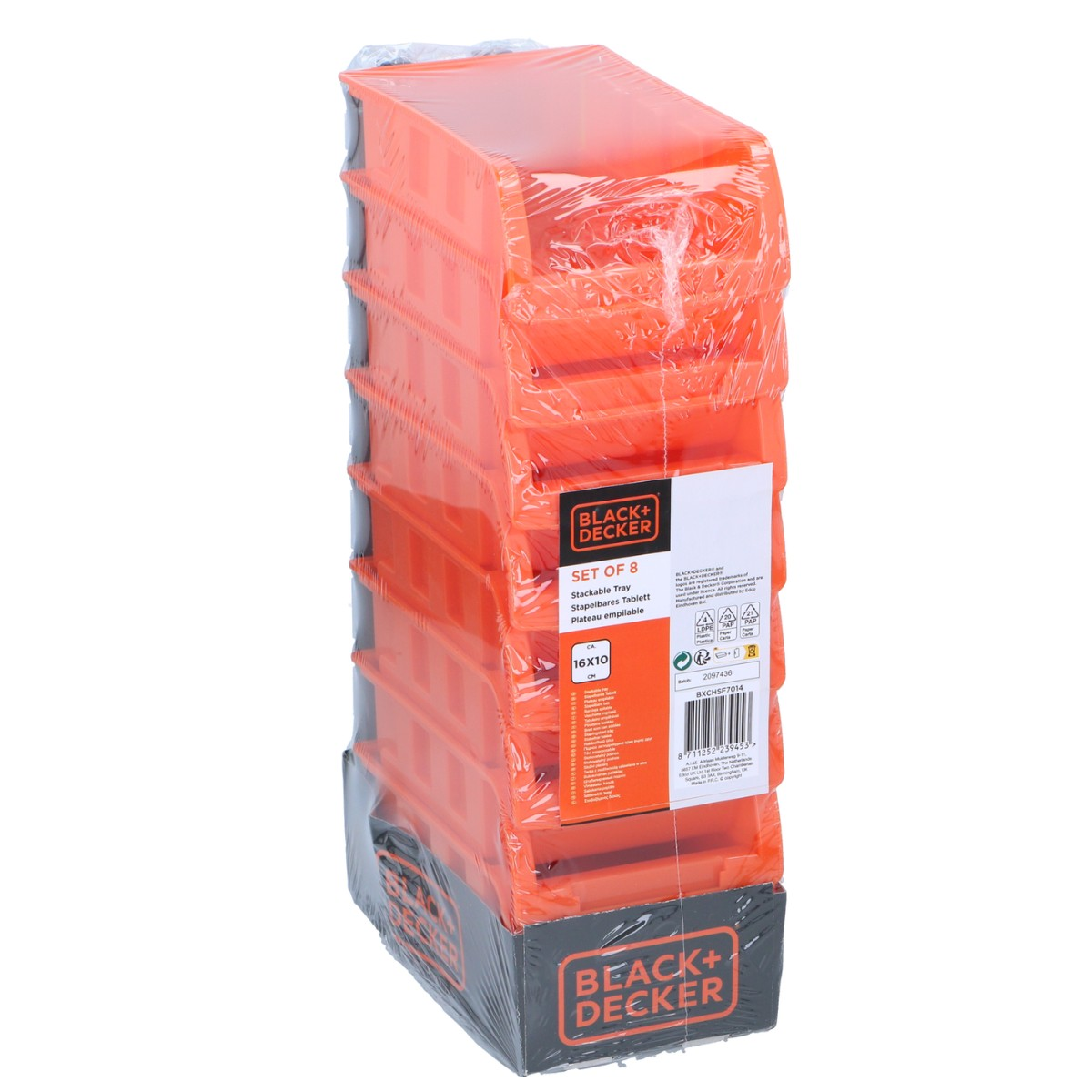 Ein Set aus 8 orangen Black+Decker Stapelbehältern, verpackt in Folie.