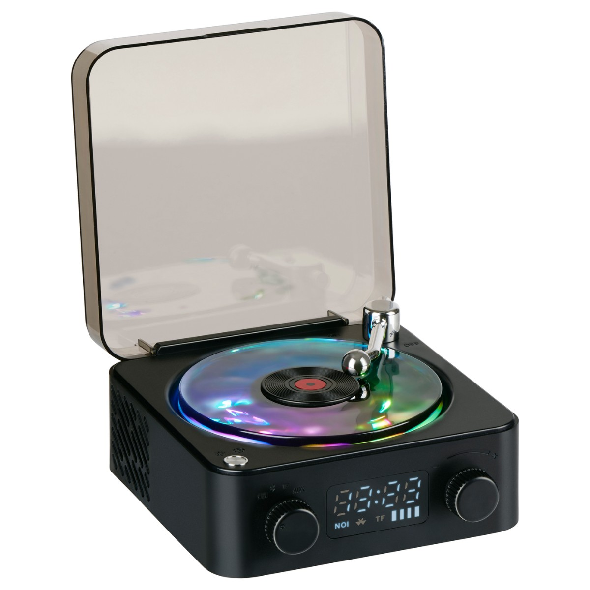 Black record player with clear lid, illuminated platter, and digital display.
