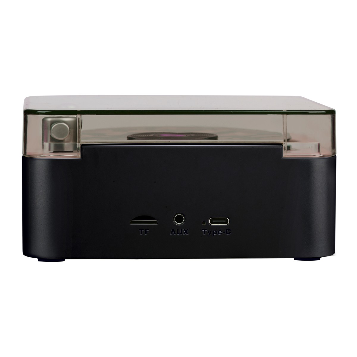 Black record player with a transparent lid, featuring TF, AUX, and Type-C ports.