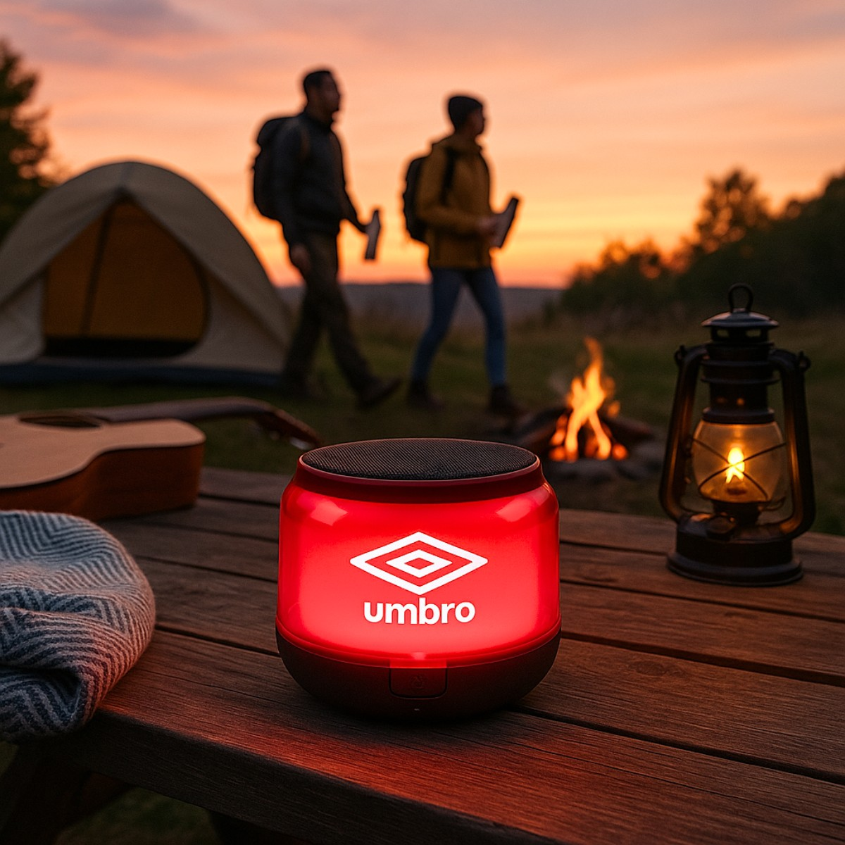 Red Umbro speaker glows on wooden table at sunset, tent & campfire in background.