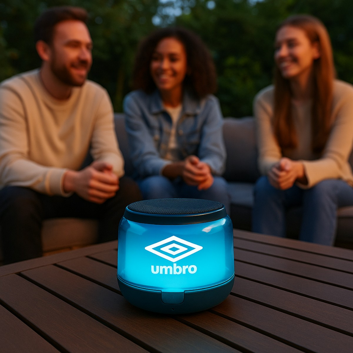 A glowing blue Umbro speaker on a wooden table with three smiling people in the background.