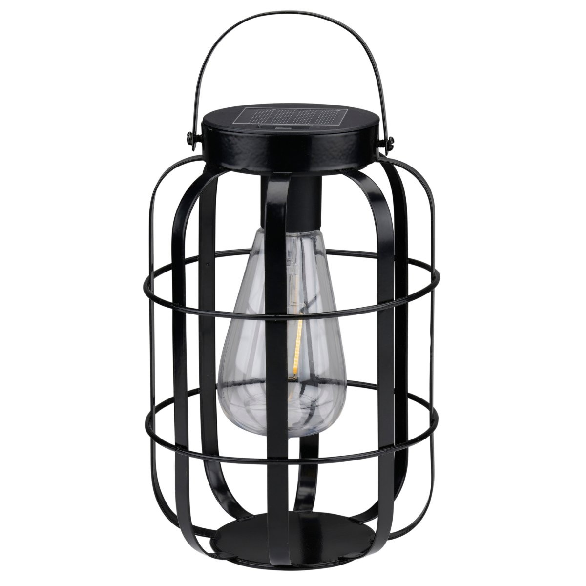 Lanterne solaire noire avec un design en cage et une ampoule à l'intérieur.