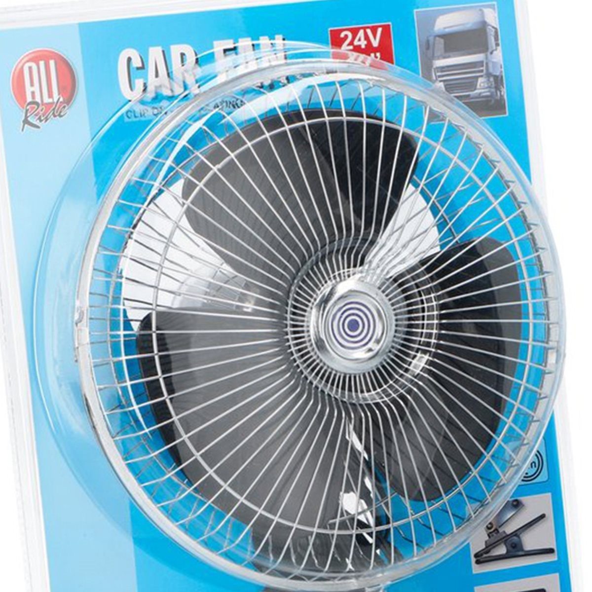 Ventilateur de voiture 24V avec grille métallique argentée et pales noires.