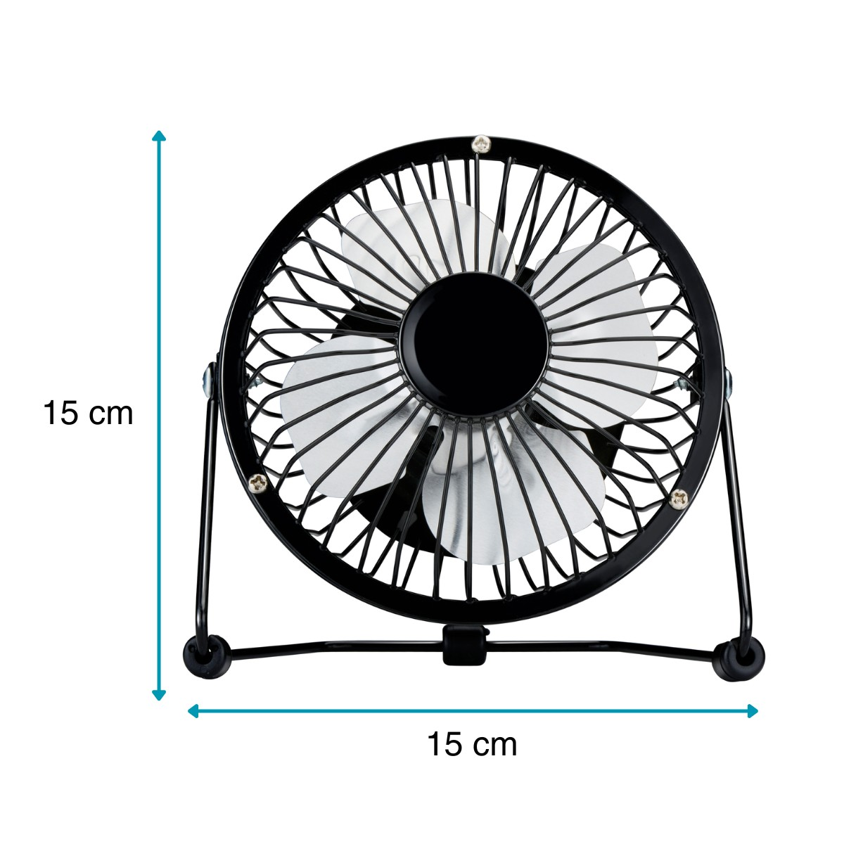 Un petit ventilateur noir à pales argentées sur un support. Dimensions 15x15 cm.