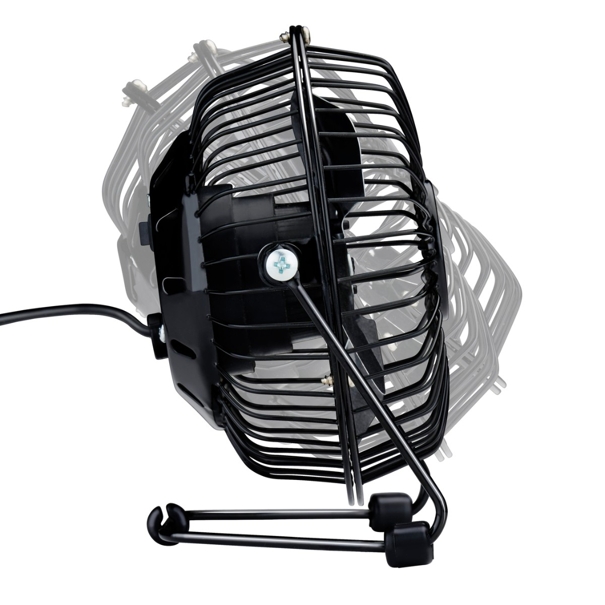 Un petit ventilateur noir sur un support avec plusieurs images ombrées.