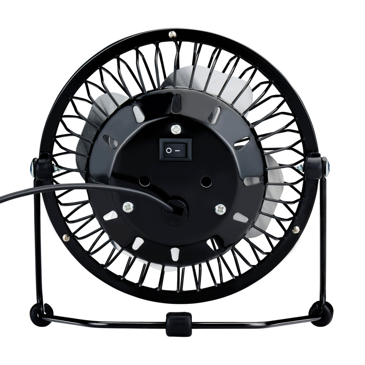 Vue arrière d'un petit ventilateur noir avec interrupteur et câble.