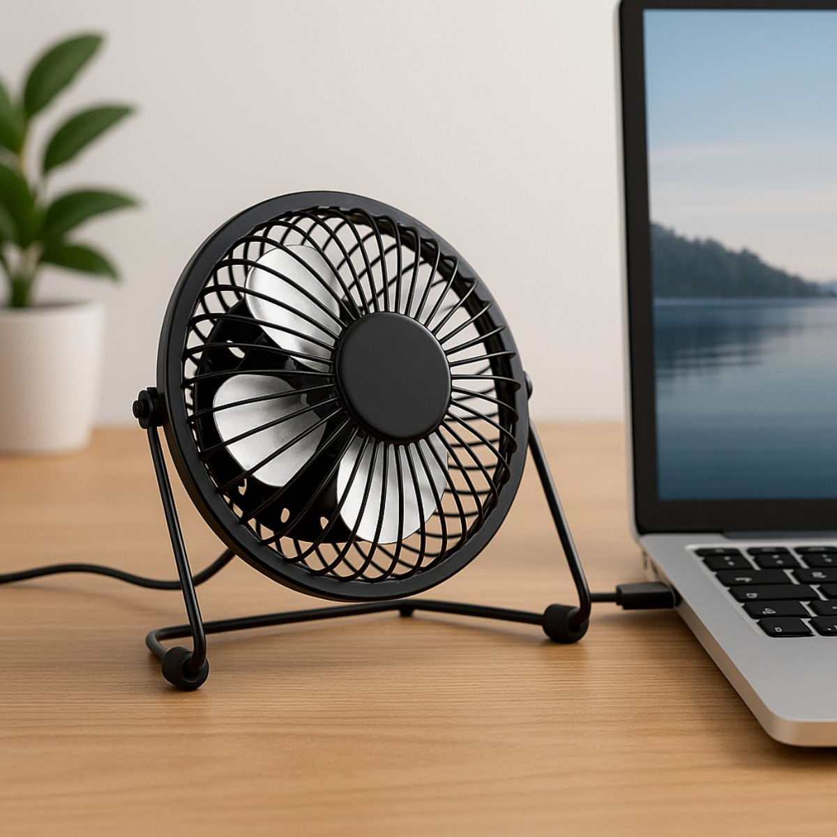 Un petit ventilateur noir est connecté à un ordinateur portable.
