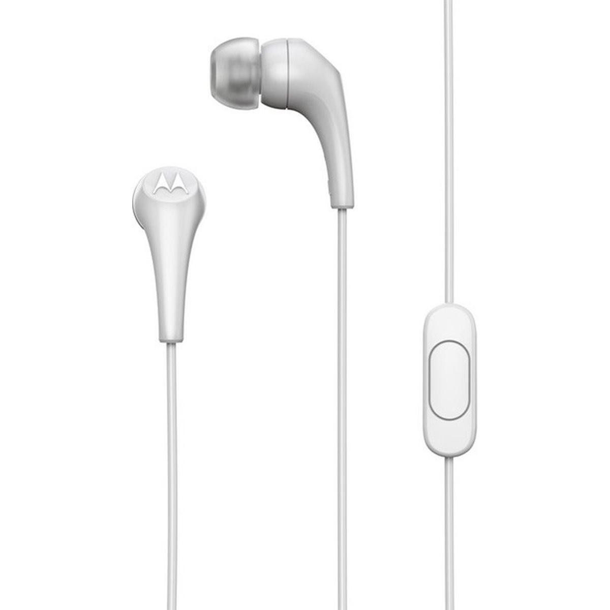 Auricolari bianchi con logo Motorola e telecomando in linea.