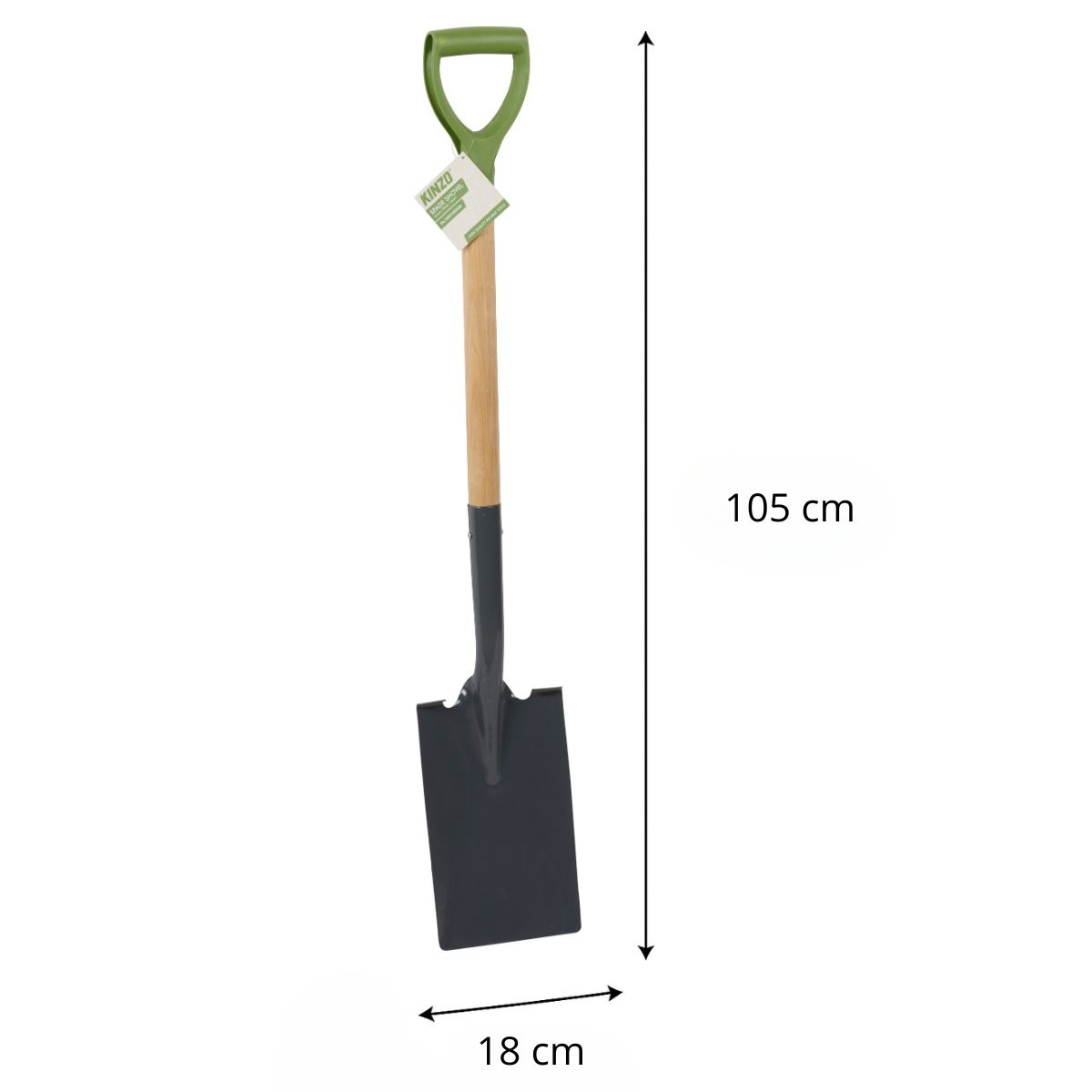 Une pelle métallique noire avec manche D vert et manche en bois. Longueur 105cm, largeur 18cm.