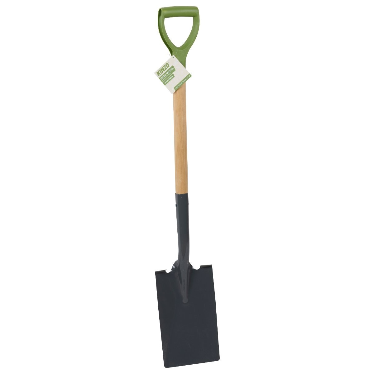 Une pelle à manche D verte et manche en bois.