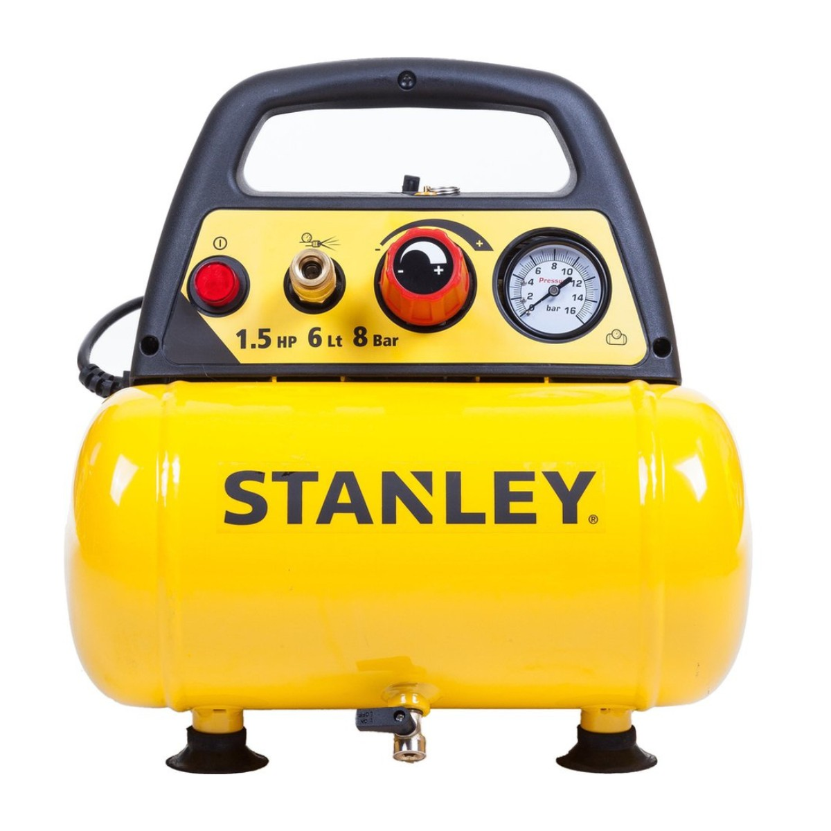 Compressore d'aria Stanley giallo con manico e manometro neri. Etichetta indica 1.5 HP.