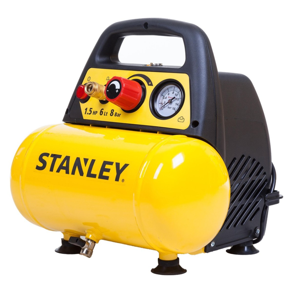 Un compressore d'aria Stanley giallo con manico nero e manometro.