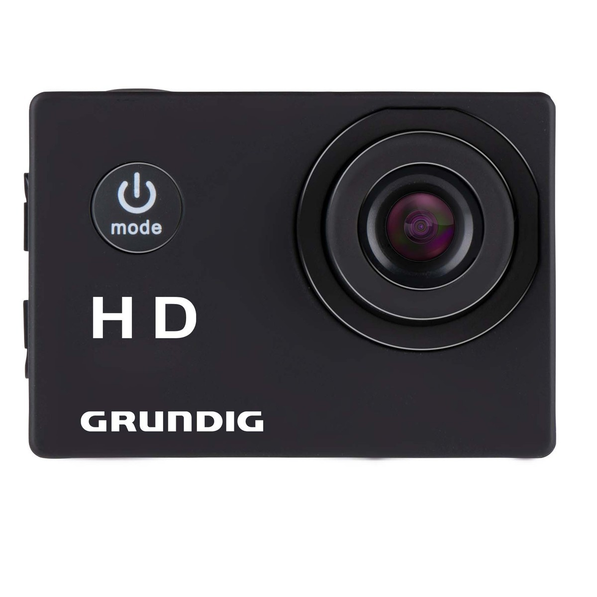 Telecamera HD nera con logo GRUNDIG, pulsante accensione/modalità e lente.